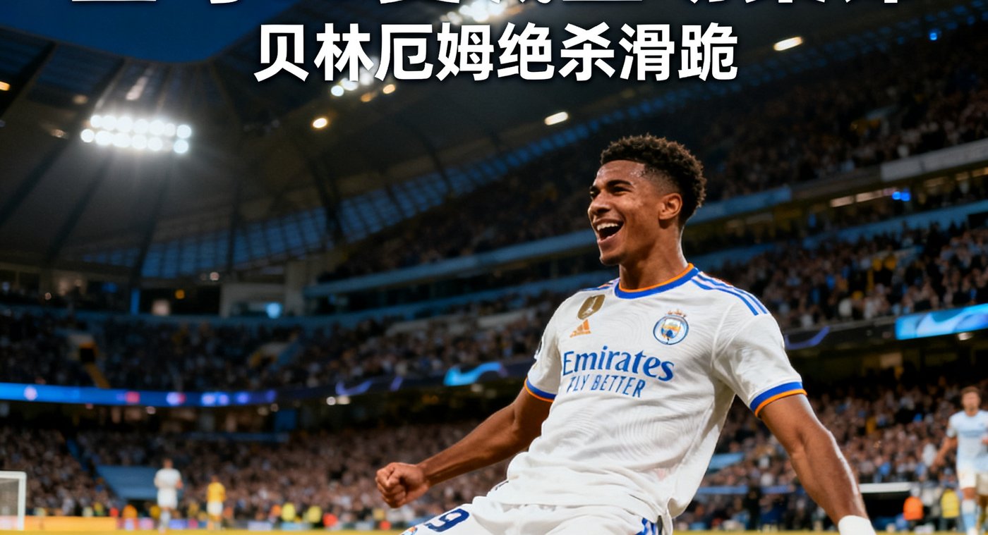 皇马对阵曼城全场集锦视频缩略图，画面定格在贝林厄姆绝杀进球后滑跪庆祝的瞬间
